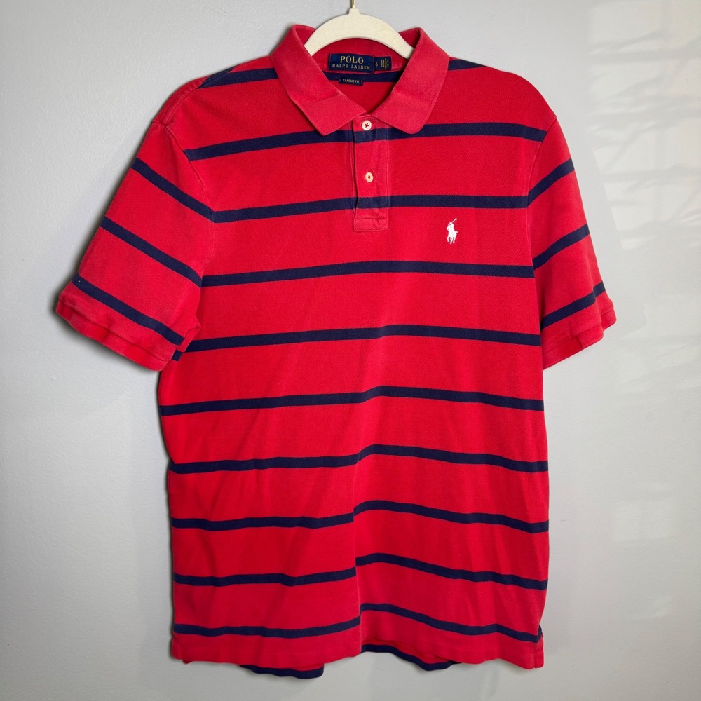 Polo Ralph Lauren Mens Classic Fit Red Navy Blue Striped Pique Polo Shirt Large